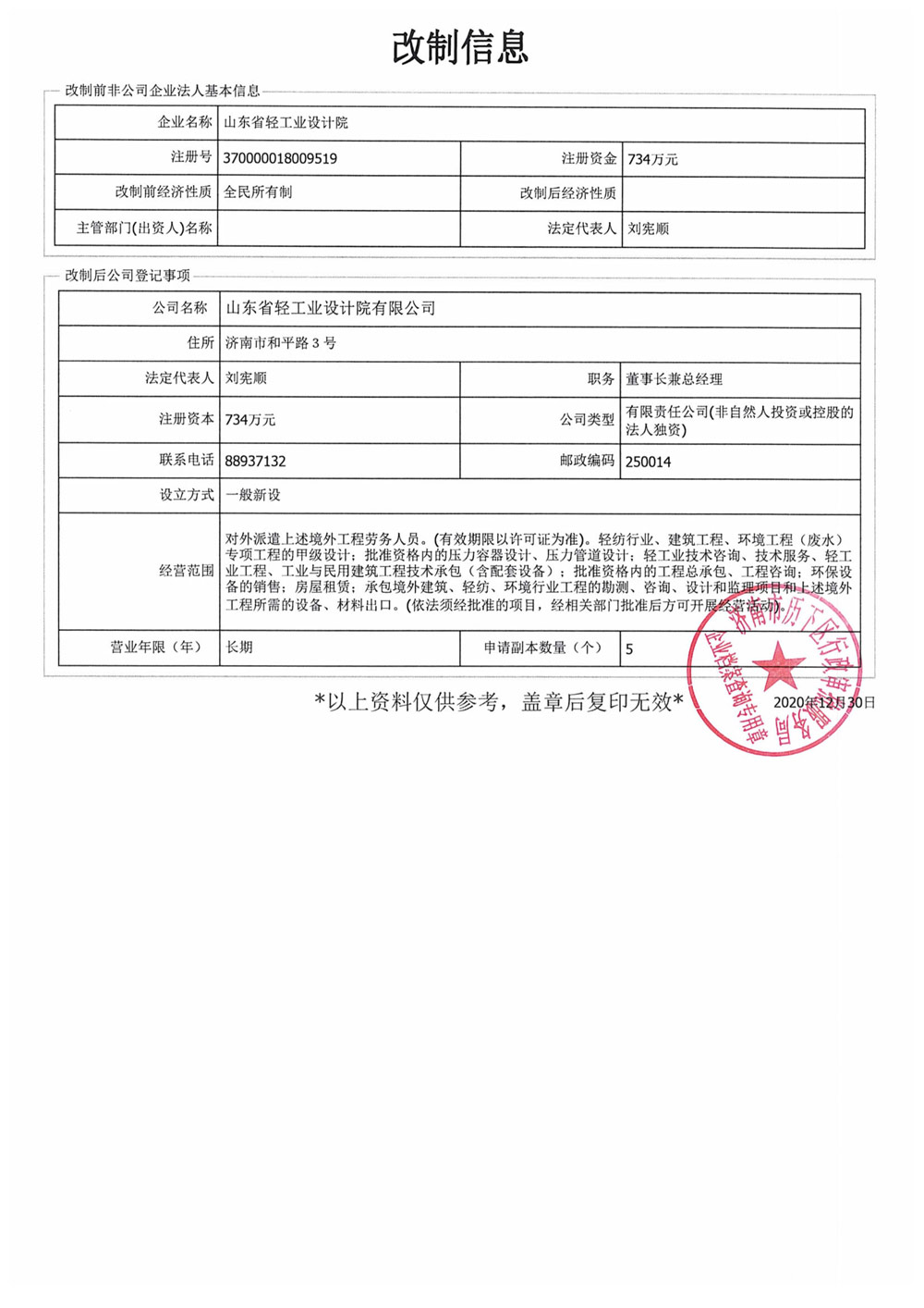 山東省輕工業(yè)設(shè)計(jì)院公司制改制信息